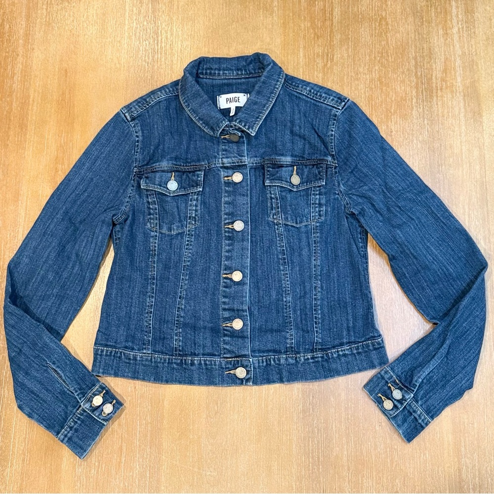 Paige Cropped Denim Jacket Stretch Fitted Blue Size L Fits Like‎ A Snug Medium